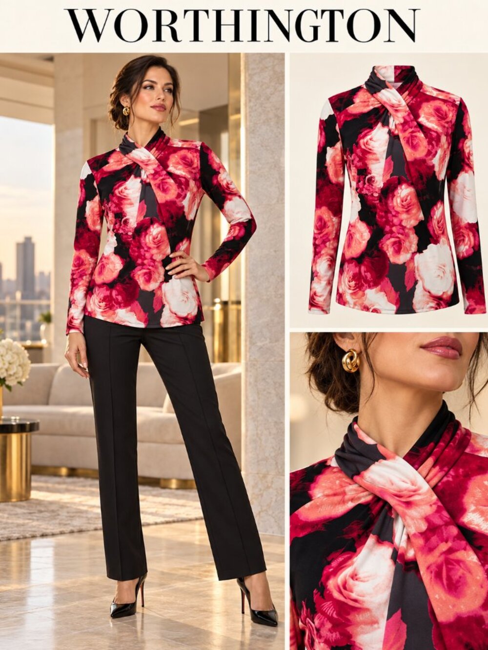 Worthington Floral Draped V-Neck Blouse Long Sleeve Size M